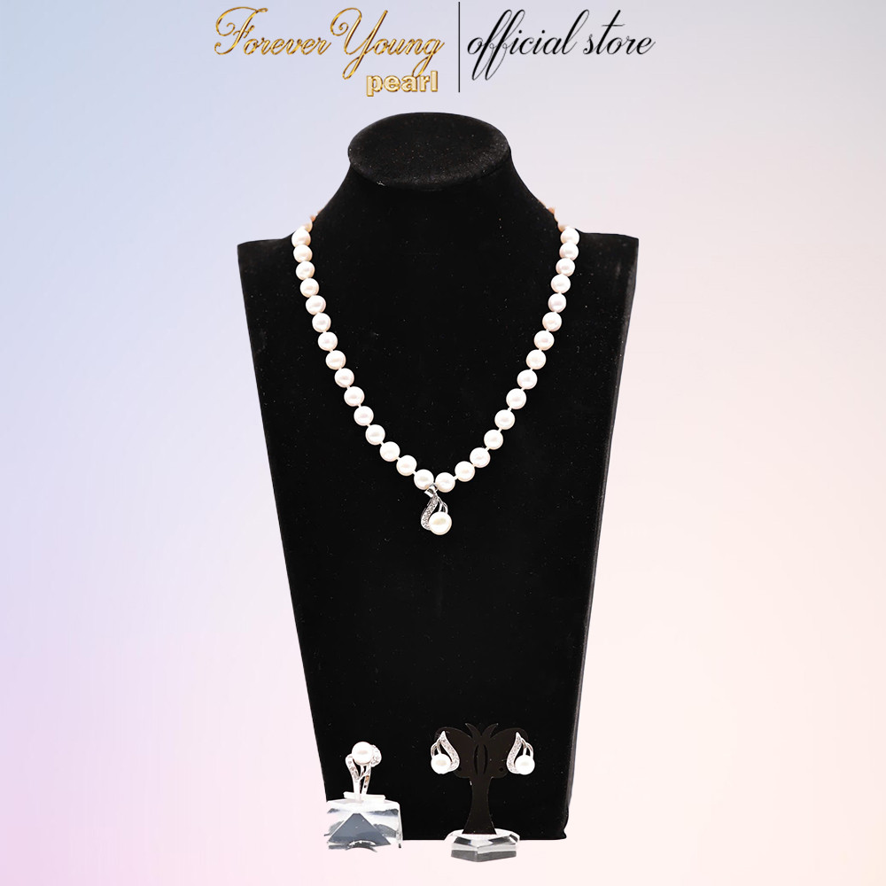 SET107 - Bộ trắng sức ngọc trai nước ngọt 7-8 li - Vòng cổ, bông tai và nhẫn - Forever Young