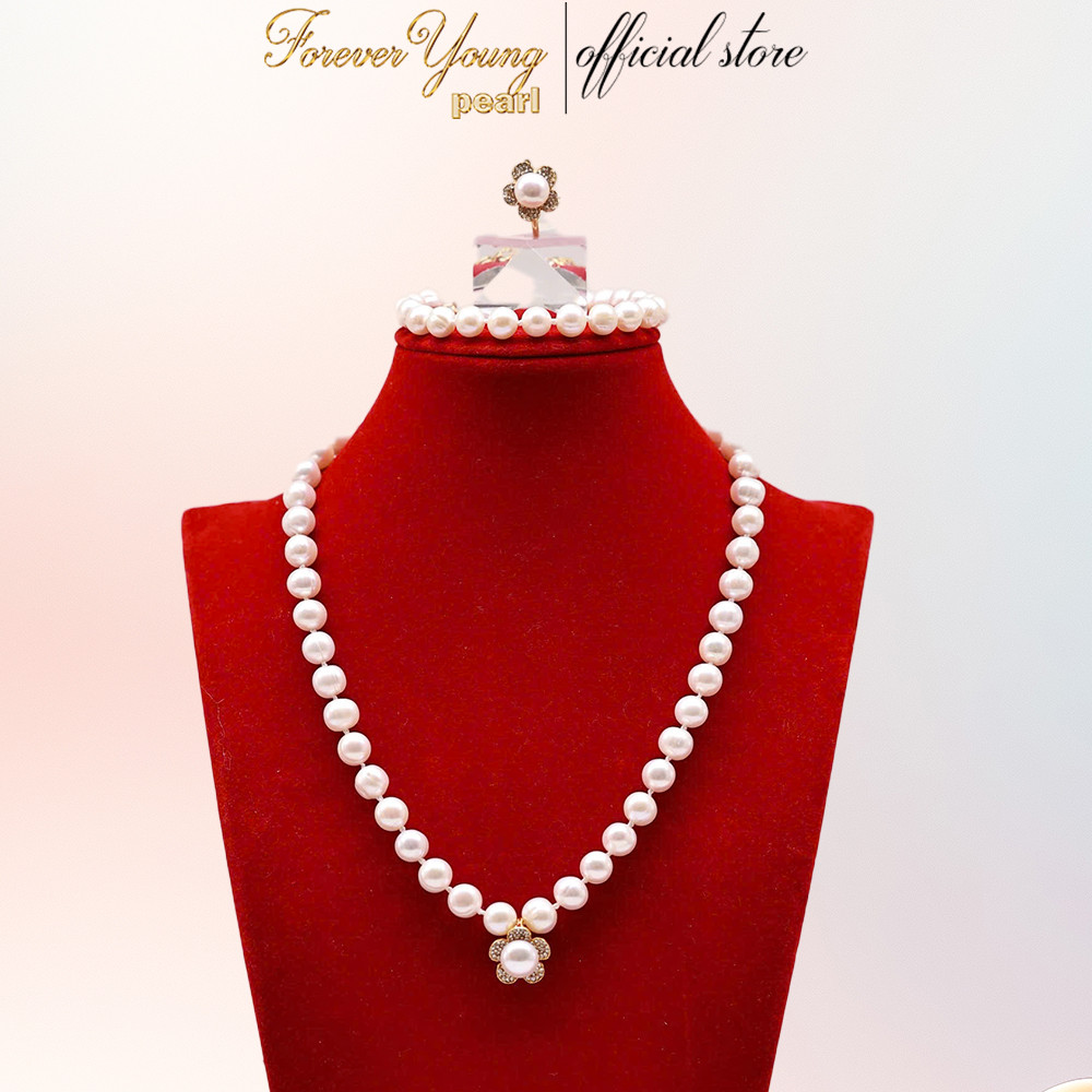 SET118 - Bộ trắng sức Ngọc trai nước ngọt 7-8 li - Vòng cổ, vòng tay và bông tai - Forever Young