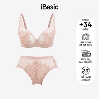 Bộ đồ lót nữ iBasic áo ngực có gọng không mút ren lưới thêu hoa cup 3/4 T-shirt BRAW166 và PANW166