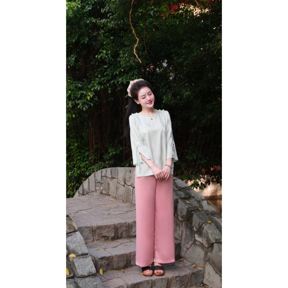 Pháp phục Tịnh Tâm, đồ lam đi chùa gấm mềm mại đính cầu vai sang trọng và thanh lịch 4 size S,M,L,XL