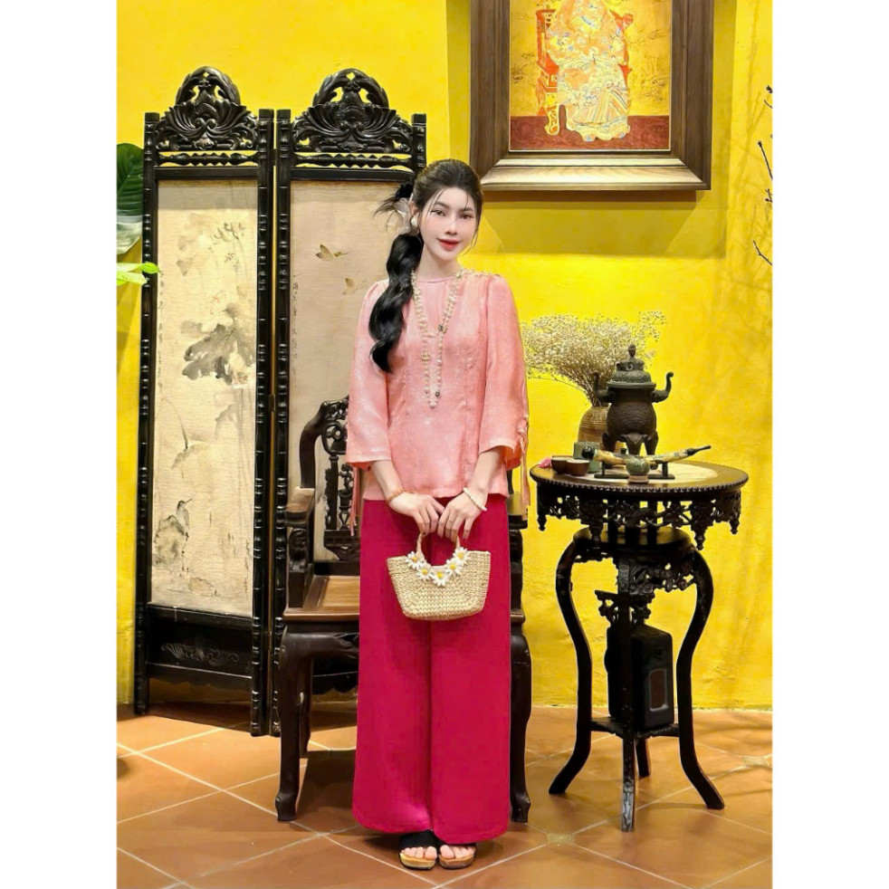 Pháp phục Tịnh Tâm, đồ lam đi chùa gấm mềm mại đính cầu vai sang trọng và thanh lịch 4 size S,M,L,XL