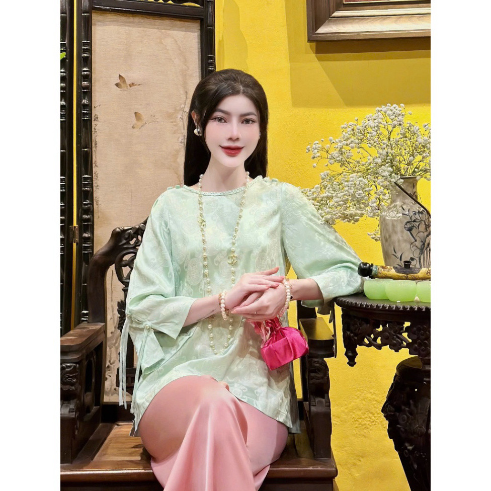 Pháp phục Tịnh Tâm, đồ lam đi chùa gấm mềm mại đính cầu vai sang trọng và thanh lịch 4 size S,M,L,XL