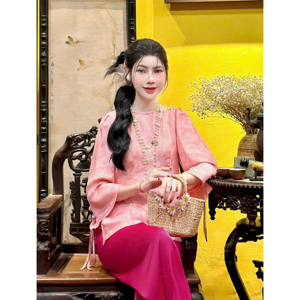 Pháp phục Tịnh Tâm, đồ lam đi chùa gấm mềm mại đính cầu vai sang trọng và thanh lịch 4 size S,M,L,XL