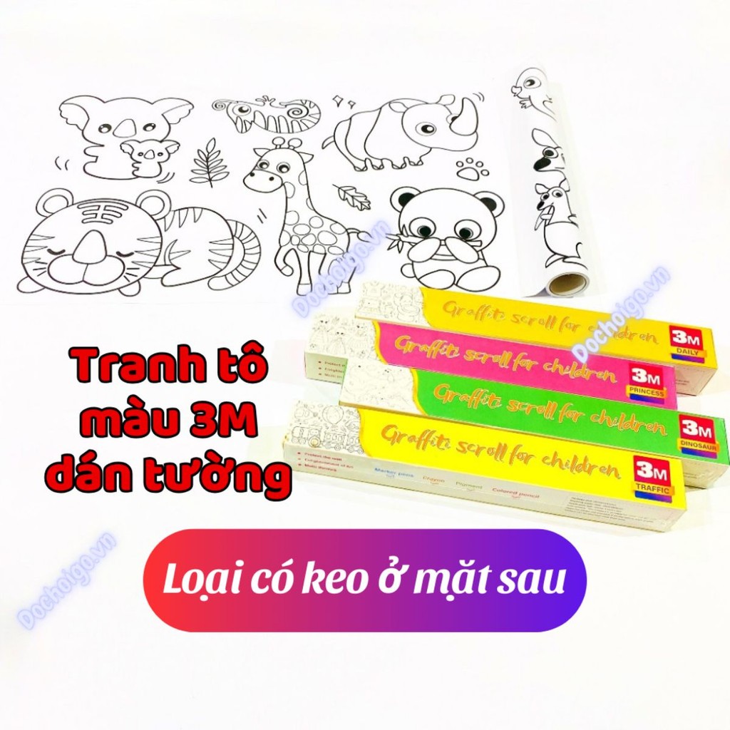 Tranh tập tô màu dán tường cho bé, có thể cắt hình dán có sẵn keo dán mặt sau của giấy