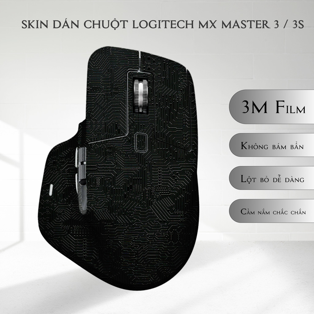 Skin dán chuột Logitech MX Master 2 / 3 / 3s / 4 mẫu mạch điện đen | Miếng dán Film 3M vân nổi chống trơn trượt