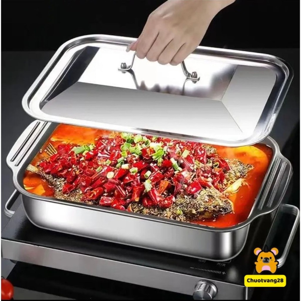 Khay hấp inox 304 đa năng có nặp đậy hình chữ nhật cao cấp om cá dùng cho mọi loại bếp