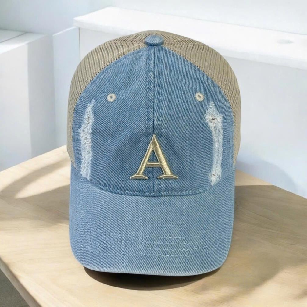 (Hàng VNXK) Nón kết, mũ lưỡi trai thêu Chữ A theo tên vải jeans phối lưới form chuẩn (Ảnh thật)