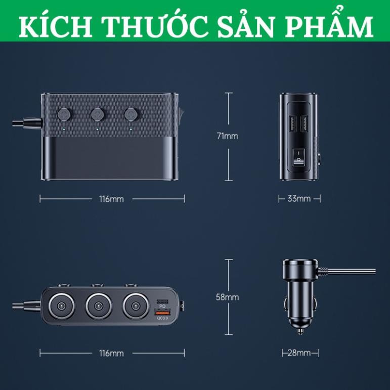 Bộ Chia Tẩu Sạc Ô To C28 VERSION 7 Hỗ Trợ Cổng Sạc Nhanh Type C 30W và QC3.0 – Công Suất 127W