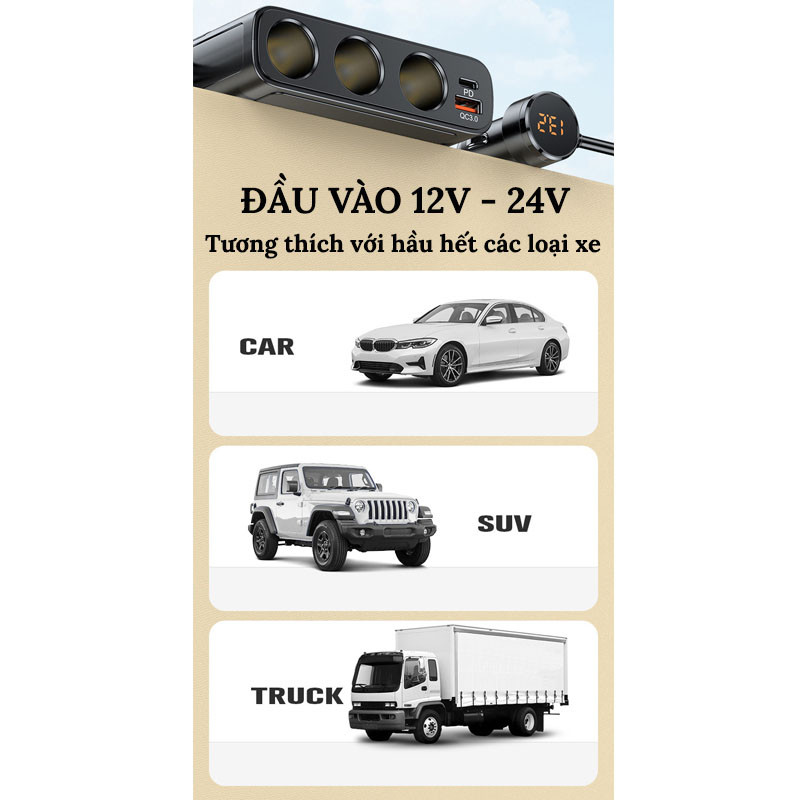 Bộ Chia Tẩu Sạc Ô To C28 VERSION 7 Hỗ Trợ Cổng Sạc Nhanh Type C 30W và QC3.0 – Công Suất 127W