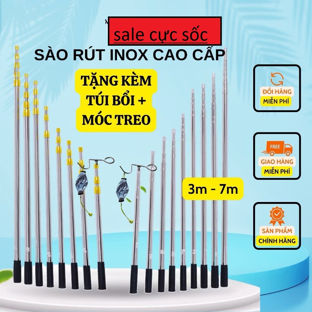 Sào rút inox treo lồng 3m-4m-5m-6m sào treo lồng inox 304 kèm đầu sào ...