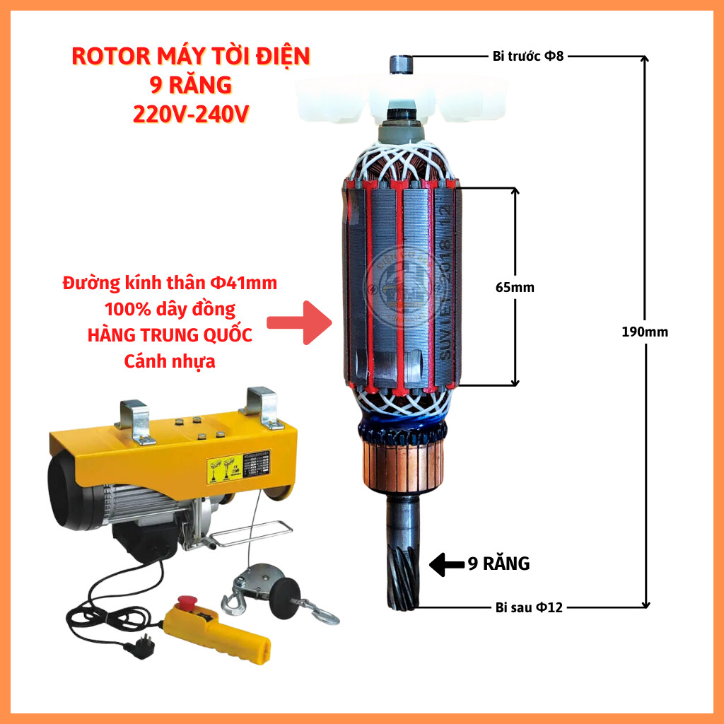 Rotor máy tời điện 9 Răng Thân 41mm 220V - Tặng chổi than | Shopee Việt Nam