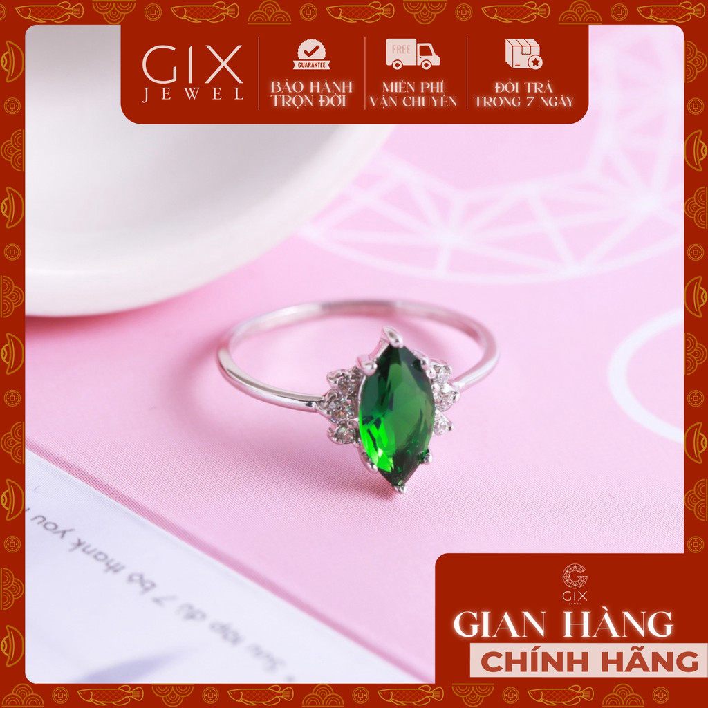 Nhẫn bạc nữ đẹp mạ vàng đá Cz xanh hạt dưa Gix Jewel SPGN01