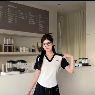 Áo thun nữ vạt bầu cộc tay thêu nơ cổ V thanh lịch mặc đi làm, đi học, đi chơi thoải mái
