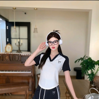 Áo thun nữ vạt bầu cộc tay thêu nơ cổ V thanh lịch mặc đi làm, đi học, đi chơi thoải mái