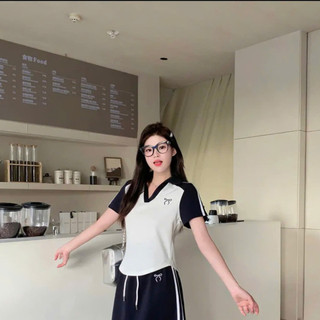Áo thun nữ vạt bầu cộc tay thêu nơ cổ V thanh lịch mặc đi làm, đi học, đi chơi thoải mái