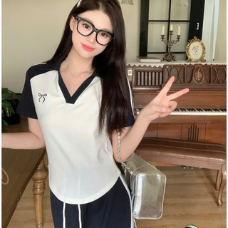 Áo thun nữ vạt bầu cộc tay thêu nơ cổ V thanh lịch mặc đi làm, đi học, đi chơi thoải mái