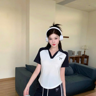 Áo thun nữ vạt bầu cộc tay thêu nơ cổ V thanh lịch mặc đi làm, đi học, đi chơi thoải mái