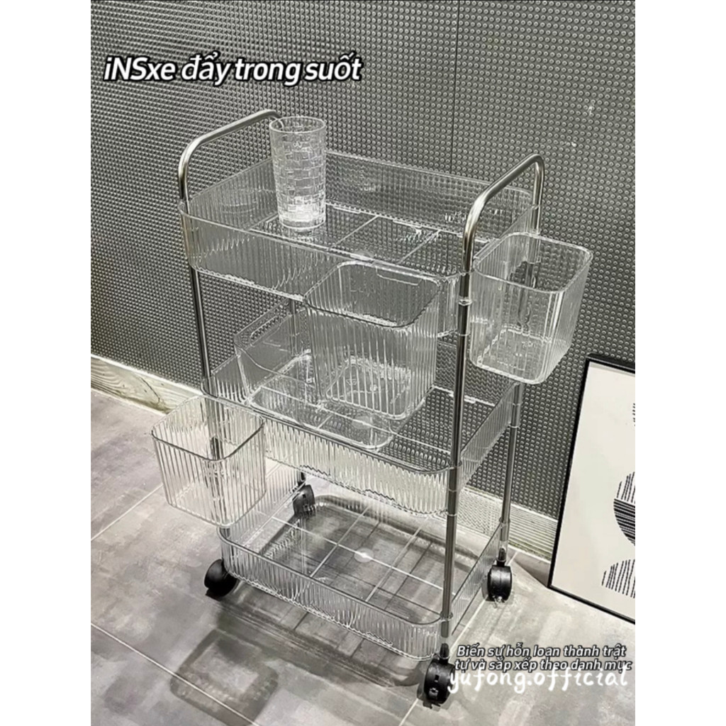 Kệ Để Đồ Trong Suốt Nhiều Tầng Đa Năng Có Bánh Xe, Xe Đẩy Spa, Phòng Bếp, Phòng Tắm Có Lỗ Thoát Nước ( Tặng kèm ống )