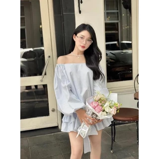 < SALE SỐC > [ KÈM QUẦN] Bloom Dress , Đầm Váy trễ vai dáng bí tay bồng dài bo chun hông Đầm thiết kế dự tiệc dây nơ eo