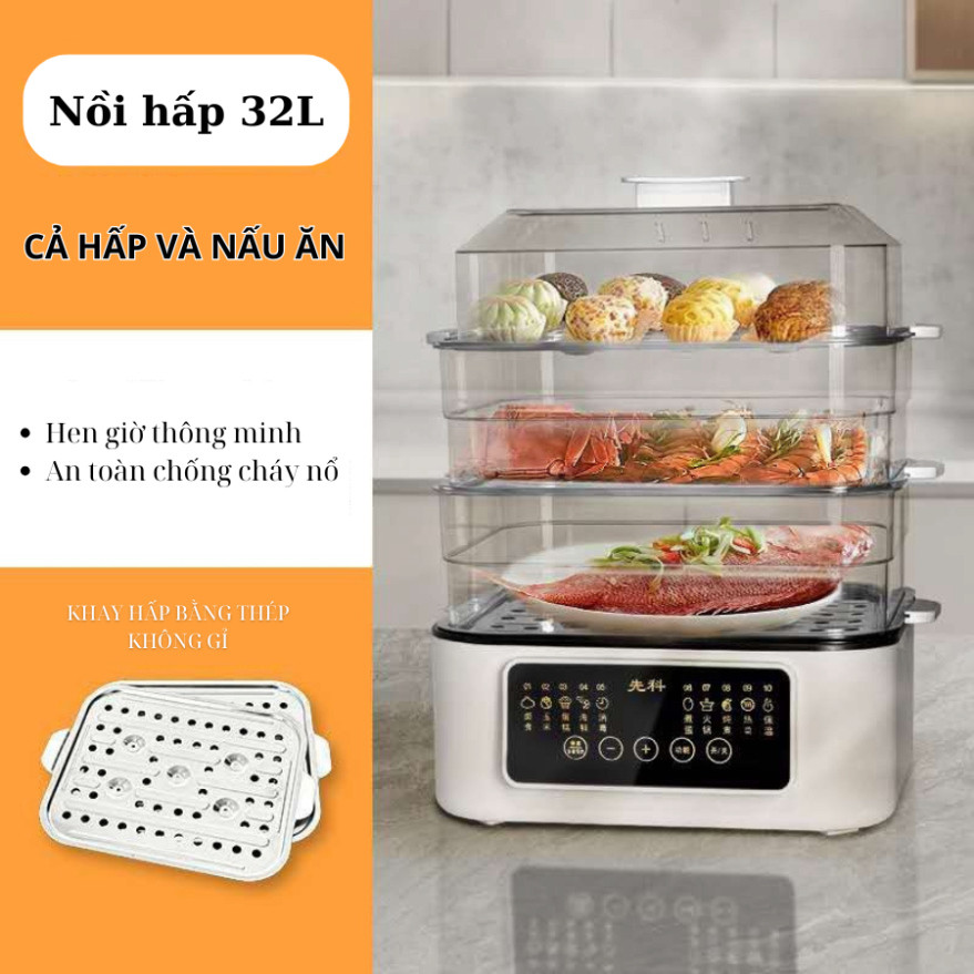 Nồi Hấp Điện Đa Năng  – 3 Tầng Inox, Công Suất Lớn, Hẹn Giờ, BH 12 Tháng (G23)