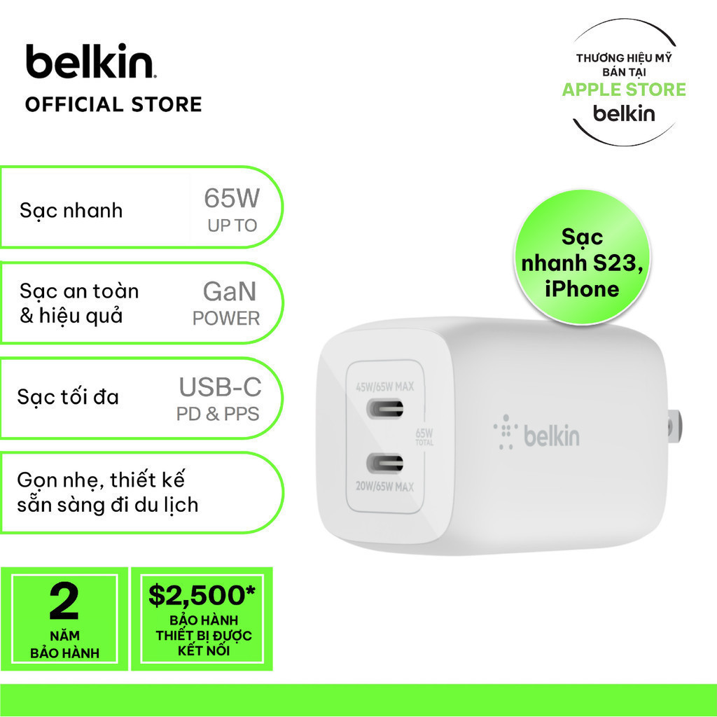 Ảnh Củ sạc nhanh Belkin PRO GaN 65W | 2 cổng USB-C, Thiết kế nhỏ gọn, công nghệ tối ưu, An toàn cao 1
