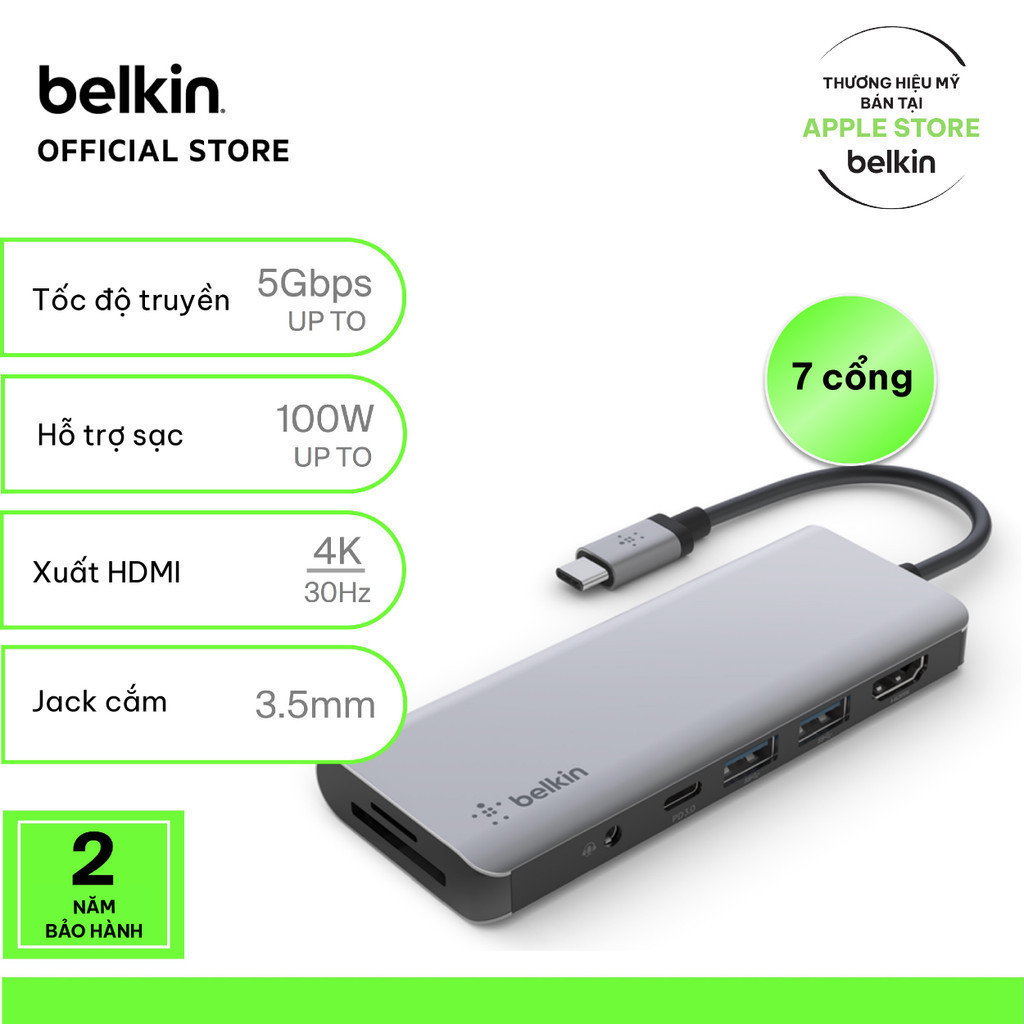 Ảnh Hub chuyển đổi Belkin 7 trong 1 USB-C Multiport - HDMI 4K 30Hz, 100W PD, 2xUSB-A 3.0, 3.5 mm audio, SD 3.0,microSD 3.0 1