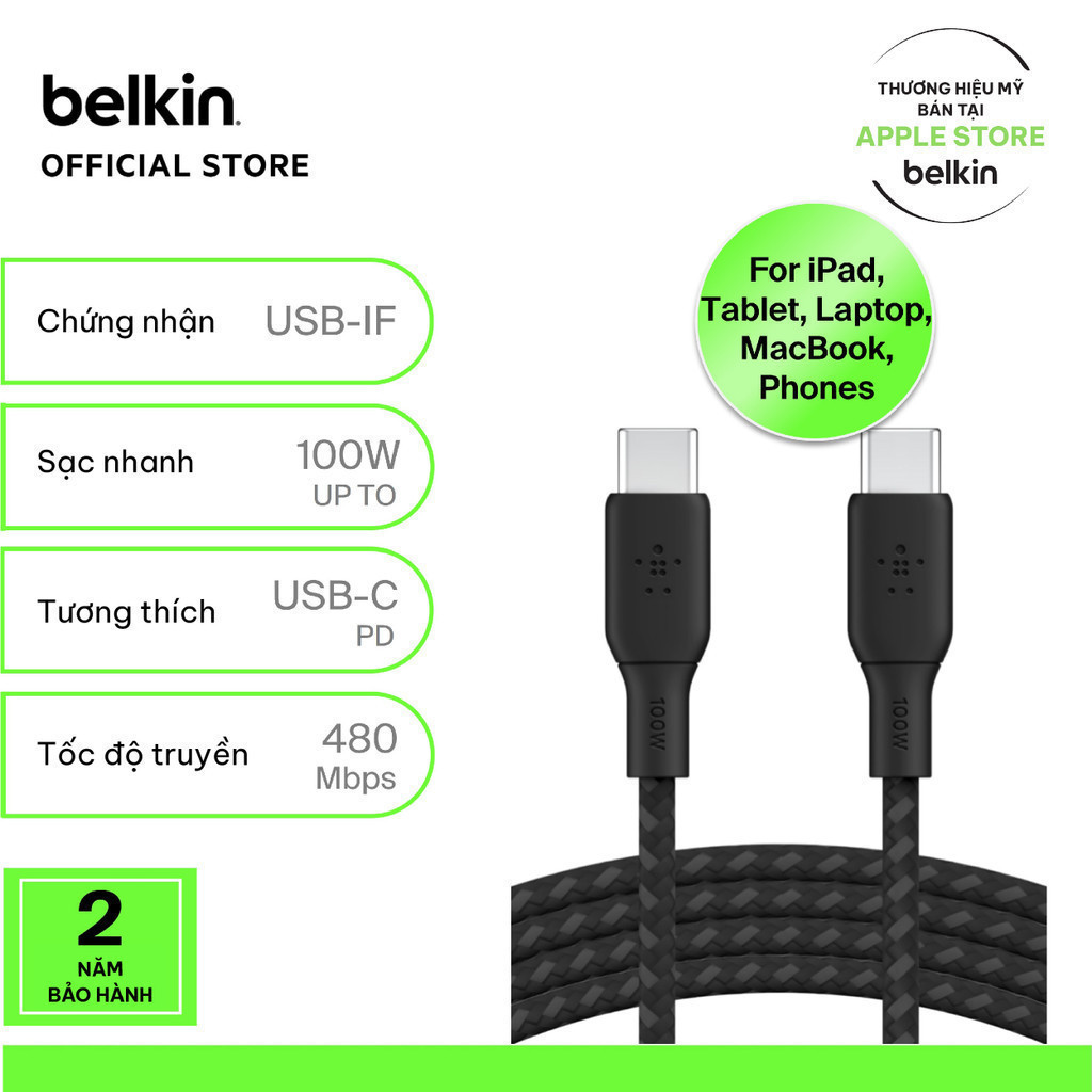 Cáp sạc nhanh Belkin USB Type C - C công suất 100W vỏ dù dài 2M chuẩn Apple PD siêu bền bảo hành 2 năm