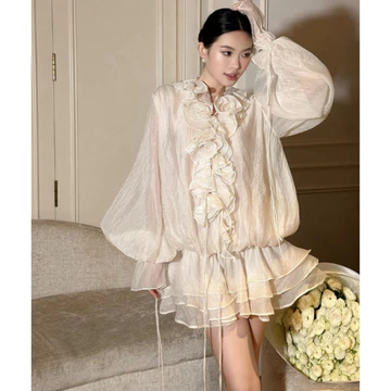 Đầm Bánh Bèo Dài Tay Cổ Đính Hoa Bèo MY_BOUTIQUE,Váy Bánh Bèo Dài Tay Chất Vải Tơ Cao Cấp Đẹp Quyến Rũ ,Sang Trọng