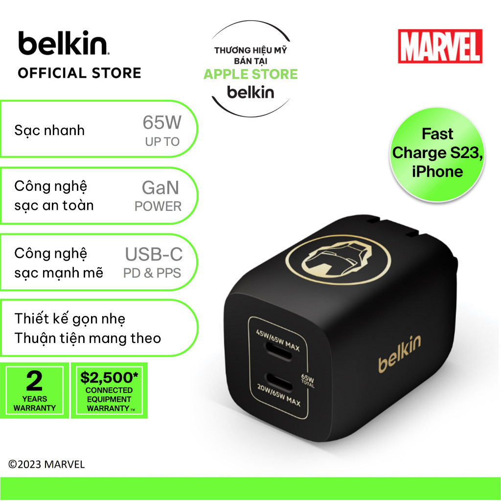 Ảnh Sạc nhanh BOOST↑CHARGE PRO GaN Belkin 65W - 2 cổng USB-C PD 3.0 PPS phiên bản đặc biệt Ironman/Disney 1
