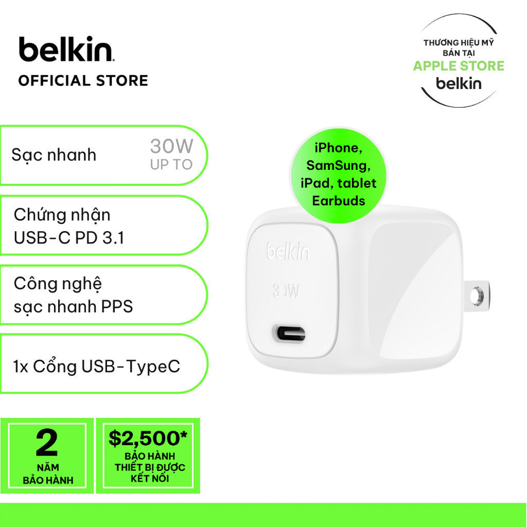 Củ sạc nhanh 30W Belkin PD PPS Cubic Wall Charger | Sạc nhanh, Nhỏ Gọn, An toàn cao, Công nghệ mới