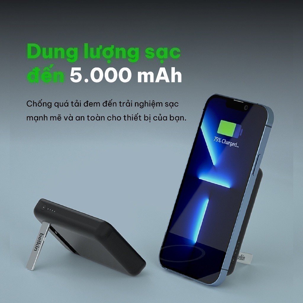 Pin sạc dự phòng không dây Belkin 5000mAh Magnetic 7.5W, có chân chống, kèm cáp USB-C 1m | BigBuy360 - bigbuy360.vn