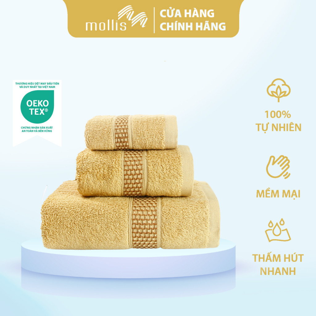 Ảnh Bộ 3 Khăn Mollis Cotton Gồm 1 Khăn Tắm B847 và 1 Khăn Mặt FC03 và 1 Khăn Tay HM58 Cao Cấp Mềm Mịn Thấm Hút PC45 1