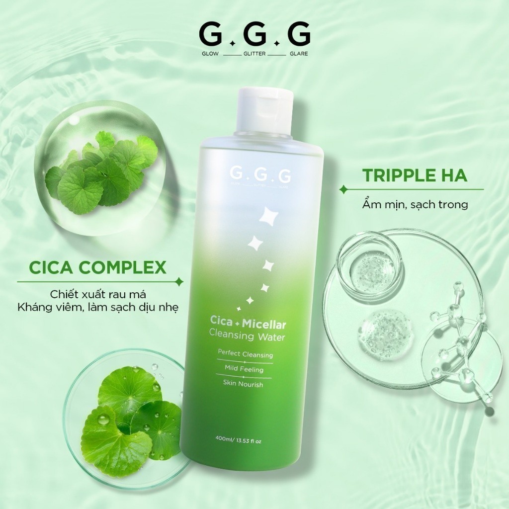 Ảnh COMBO Sạch sâu, Ẩm mịn, Không khô da từ Rau Má - G.G.G Nước Tẩy Trang Cica 400ml & Sửa Rửa Mặt Cica 125gr 2