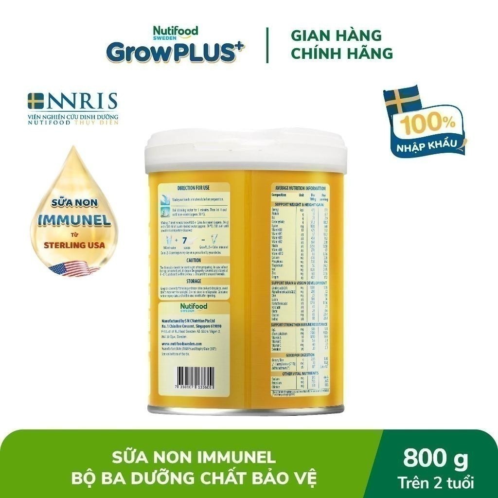 Sữa Bột Nutifood Sweden GrowPLUS+ Sữa Non Immunel trên 2 tuổi lon 800 g (Bao bì tuỳ lô hàng)
