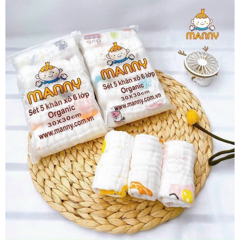 Set 5 Khăn mặt khăn sữa Manny muslin 6 lớp đa năng khăn lau đa năng vải xô mềm mại thấm hút an toàn cho bé S5M2