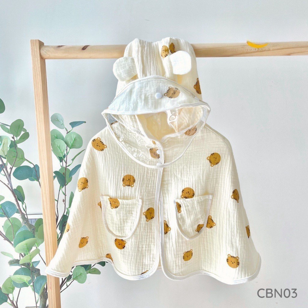 Áo choàng chống nắng cho bé vải xô muslin có kính chống bụi, cúc bấm tháo rời