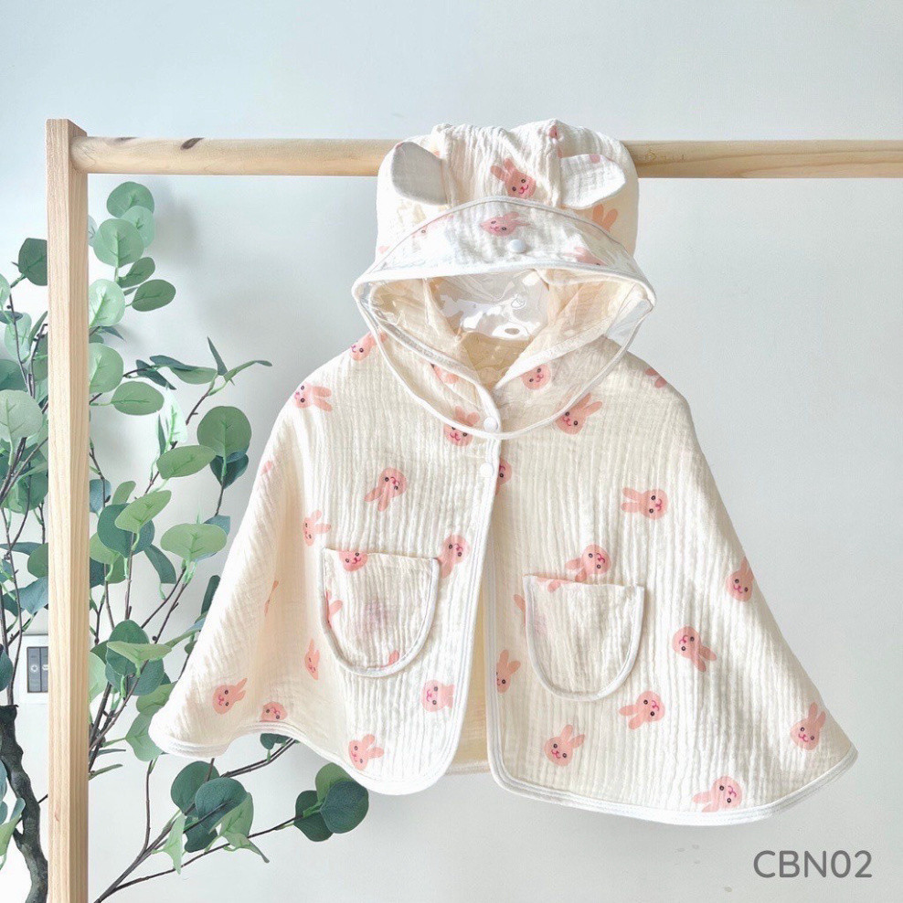 Áo choàng chống nắng cho bé vải xô muslin có kính chống bụi, cúc bấm tháo rời