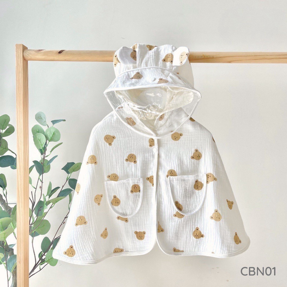 Áo choàng chống nắng cho bé vải xô muslin có kính chống bụi, cúc bấm tháo rời