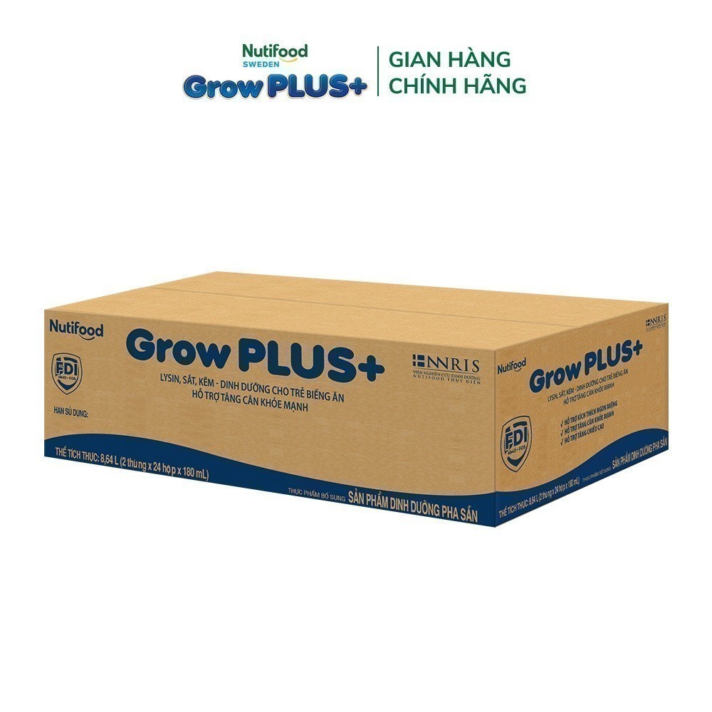Thùng Sữa Bột Pha Sẵn Nutifood GrowPLUS+ Xanh (Biếng Ăn) 180ml  -Trên 2 tuổi - Tăng Cân Khỏe Mạnh (48 Hộp x 180ml)