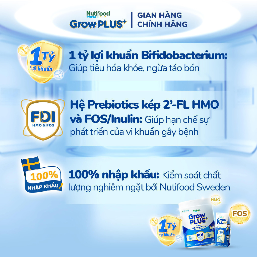 Combo 2 Sữa bột Nutifood Sweden GrowPLUS+ Tiêu Hóa (Xanh Nhạt) 2+ - Tiêu hóa khỏe, tăng cân (Lon 800g)