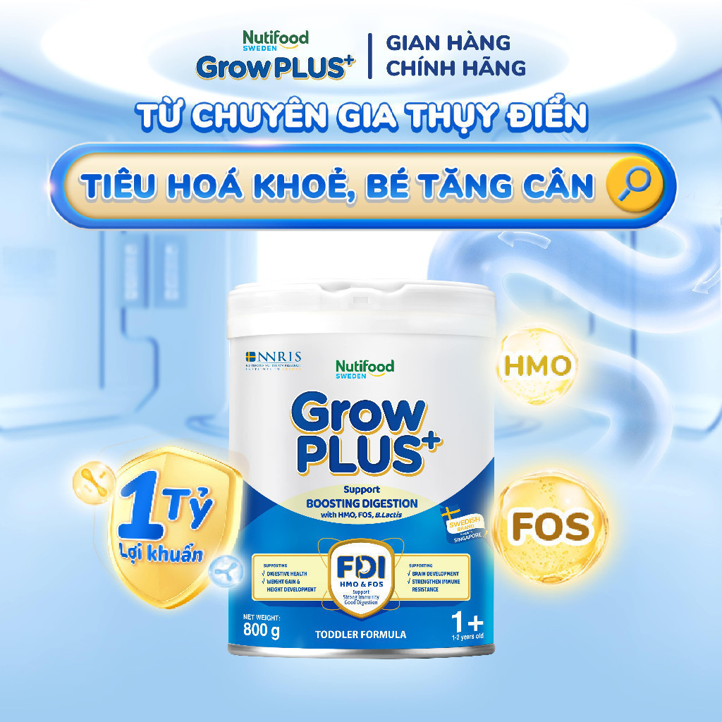 Combo 3 Sữa bột Nutifood Sweden GrowPLUS+ Tiêu Hóa (Xanh Nhạt) 1+ - Tiêu hóa khỏe, tăng cân (Lon 800g)
