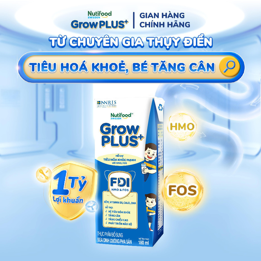 Combo 2 Sữa bột pha sẵn Nutifood Sweden GrowPLUS+ Tiêu Hóa (Xanh Nhạt) 2+ - Tiêu hóa khỏe, tăng cân (48 hộp x 180ml)