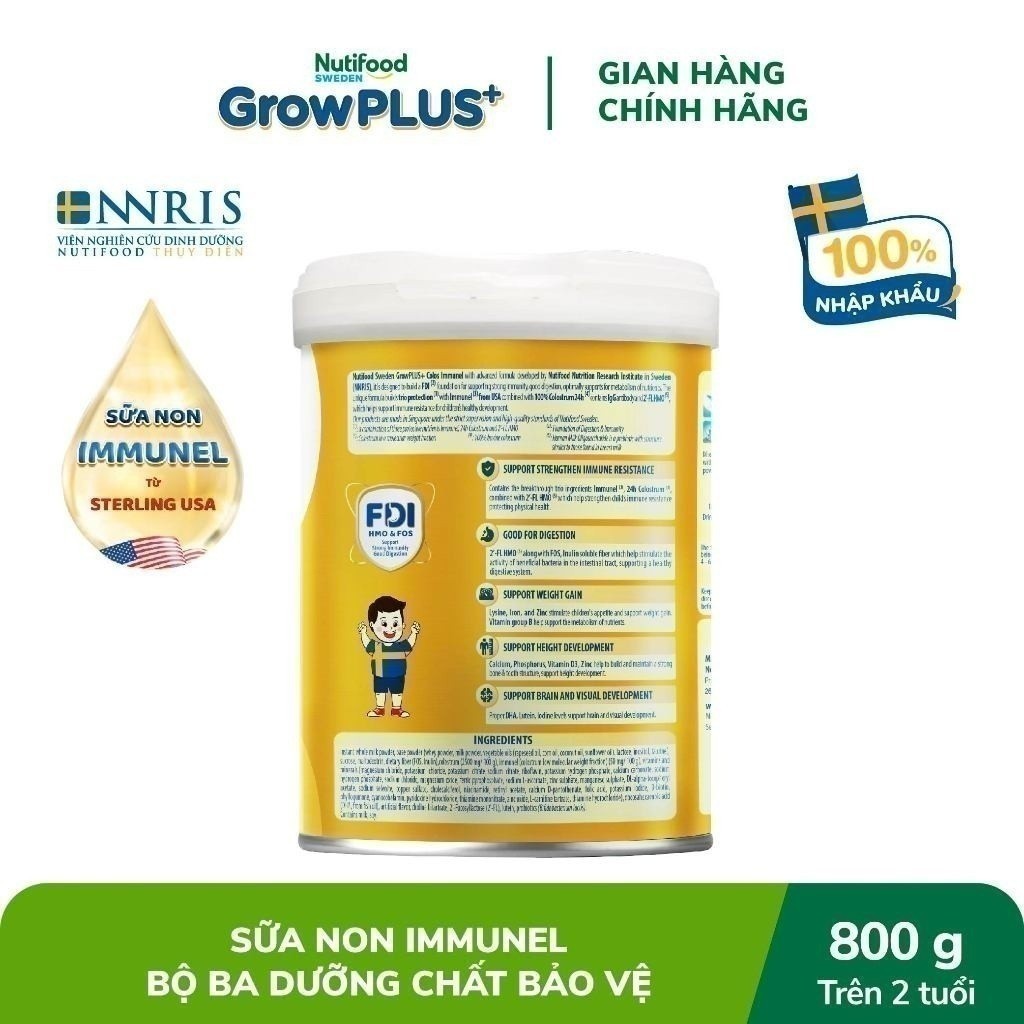 Sữa Bột Nutifood Sweden GrowPLUS+ Sữa Non Immunel - trên 2 tuổi lon 800g (Bao bì tuỳ lô hàng)