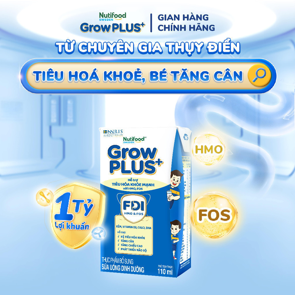 Combo 2 Sữa bột pha sẵn Nutifood Sweden GrowPLUS+ Tiêu Hóa (Xanh Nhạt) 1+ - Tiêu hóa khỏe, tăng cân (48 hộp x 110ml)