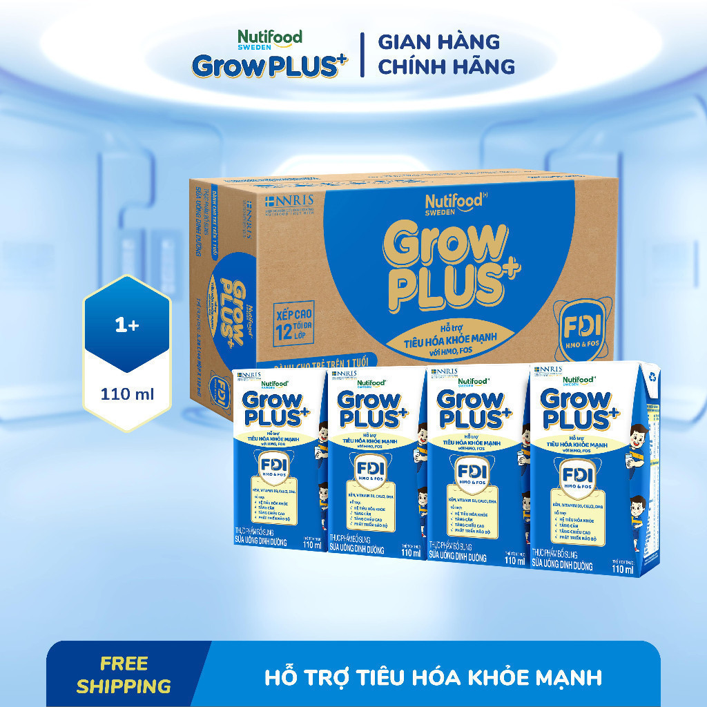 Combo 2 Sữa bột pha sẵn Nutifood Sweden GrowPLUS+ Tiêu Hóa (Xanh Nhạt) 1+ - Tiêu hóa khỏe, tăng cân (48 hộp x 110ml)