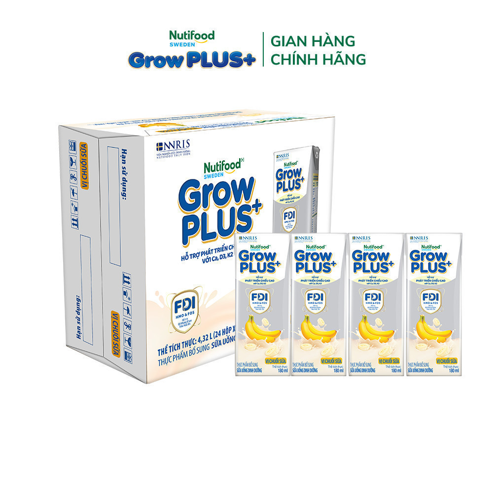 Combo 2 Thùng 24 hộp Sữa bột pha sẵn Nutifood Sweden GrowPLUS+ Vị Dâu 180ml & Vị Chuối 180ml