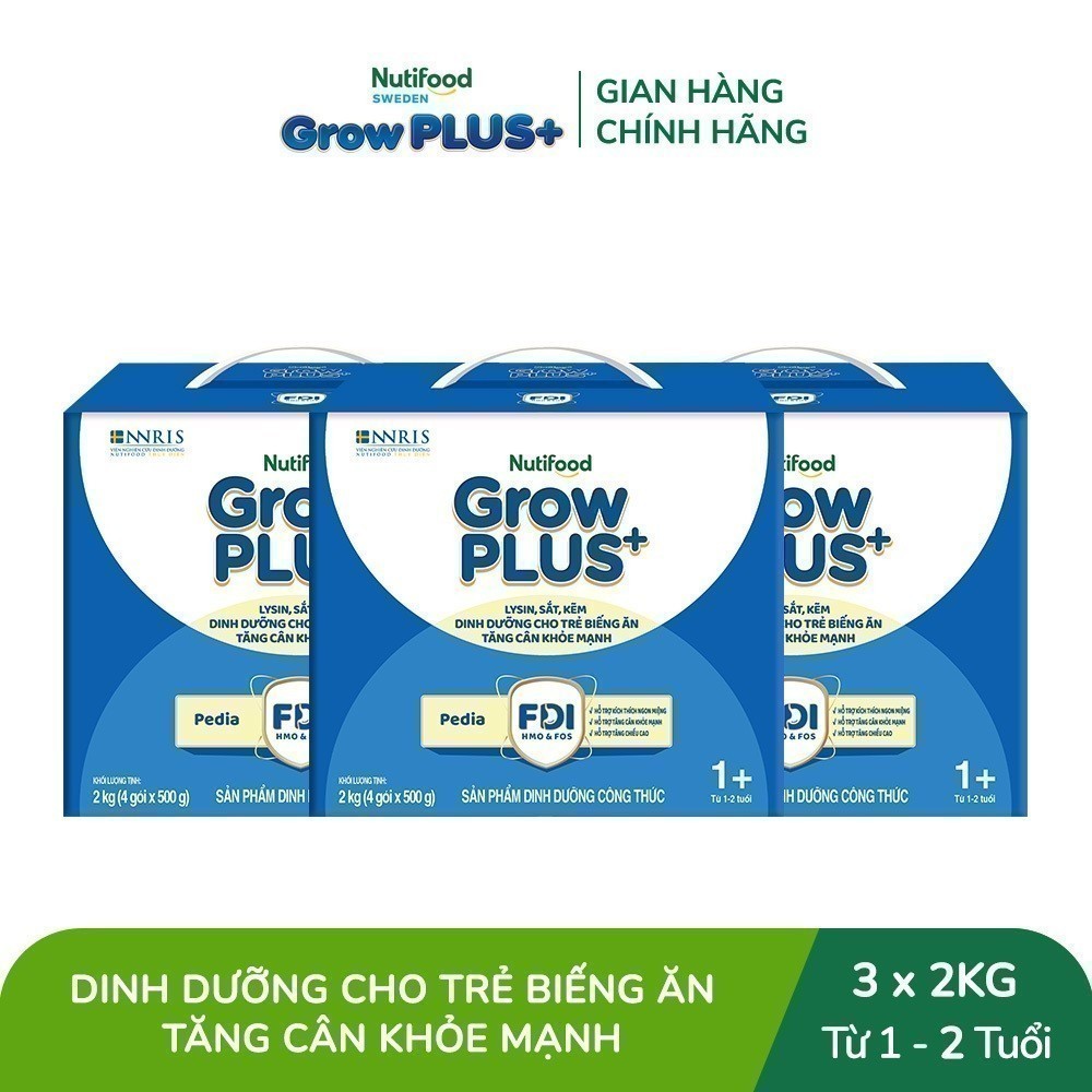 Combo 3 Sữa Bột Nutifood GrowPLUS+ Biếng Ăn (Xanh) 1+ - Tăng Cân Khỏe Mạnh (3 Hộp 2 Kg)