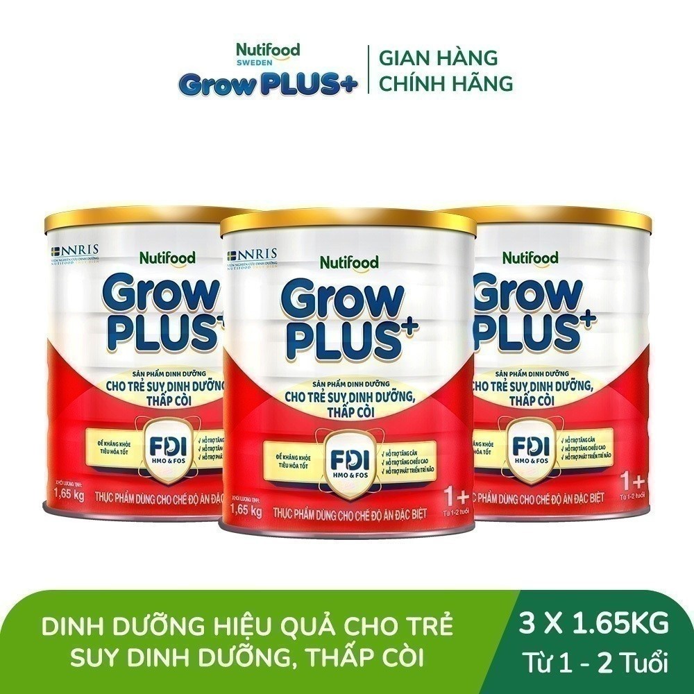 Combo 3 Sữa bột Nutifood GrowPLUS+ Suy Dinh Dưỡng (Đỏ) 1+ - Tăng Cân, Tăng Chiều Cao ( 3 Lon 1,65 Kg)
