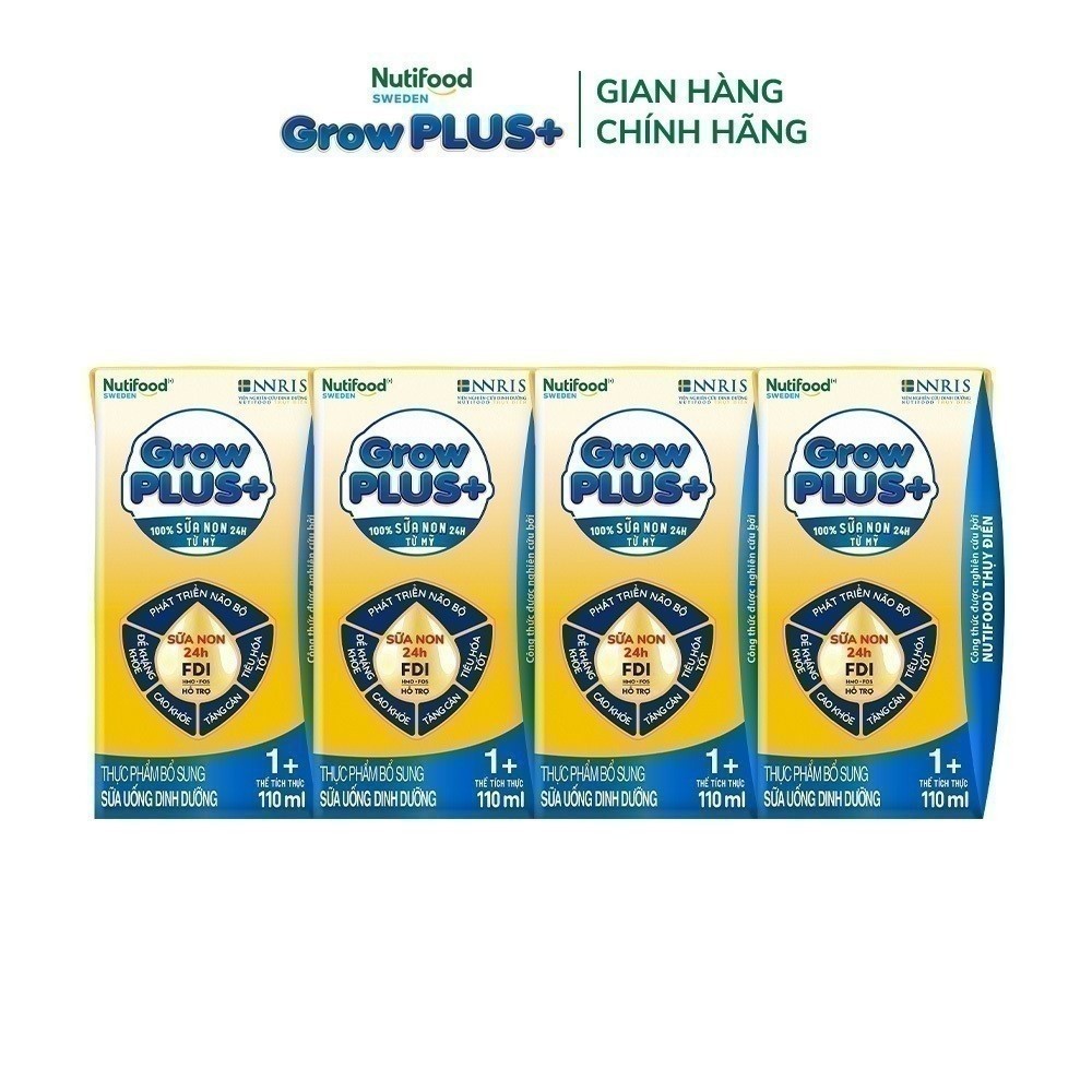 [Bao bì mới] Thùng Sữa Bột Pha Sẵn Nutifood GrowPLUS+ Vàng (Sữa Non Tăng Đề Kháng) 110ml - Trên 1 tuổi (48 Hộp x 110ml)