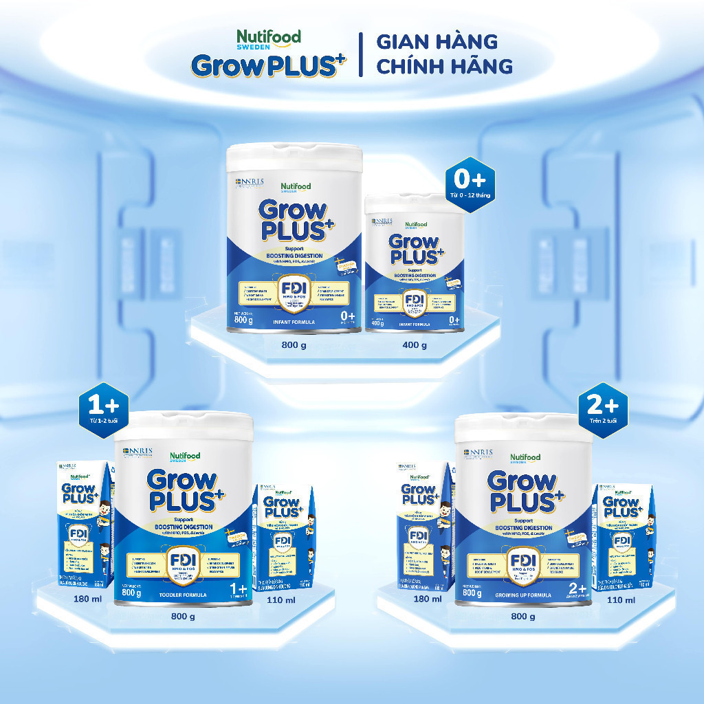 Combo 3 Sữa bột Nutifood Sweden GrowPLUS+ Tiêu Hóa (Xanh Nhạt) 2+ - Tiêu hóa khỏe, tăng cân (Lon 800g)